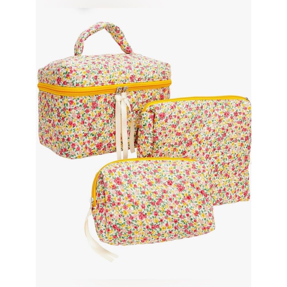 NEW Floral Multi-Color Cosmetic Bag Set with Yellow Trim